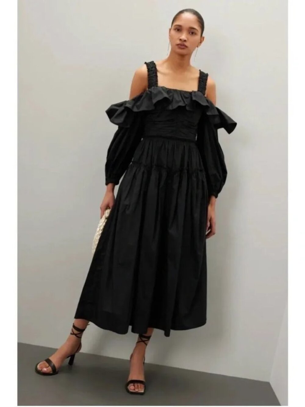 Ulla Johnson Black Caprice Dress Balloon sleeve Off Shoulder Ruffle Midi Maxi 4 - Picture 11 of 15